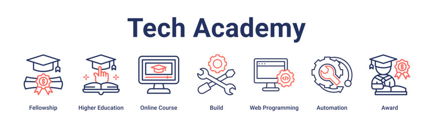 Tech Academy banner web icon vector illustration concept for education with icon of Fellowship, Higher Education, Online Course, Build, Web Programming, Automation.
