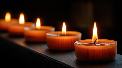 Row of lit candles on dark surface creates warm and serene atmosphere, each flame casting gentle glow. soft light enhances peaceful ambiance, perfect for meditation or relaxation