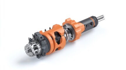 Industrial mechanism with orange and black components isolated on white