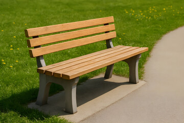 Empty park bench on pathway