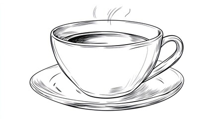 Ink drawing of a coffee cup on a saucer with steam rising upwards