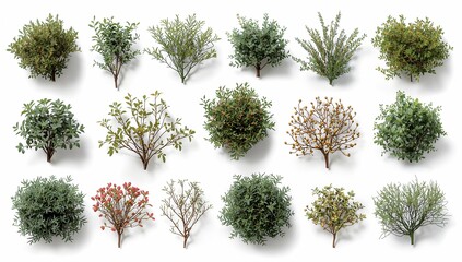 a collection of miniature trees and shrubs showcasing various species and shapes, meticulously arranged for botanical study or design purposes.