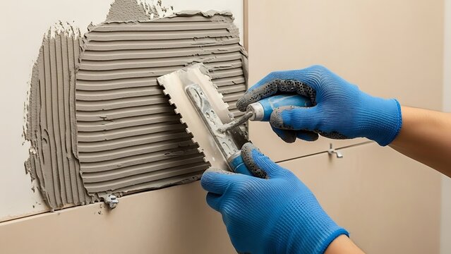 Applying Adhesive Mortar for Ceramic Tile Installation with Blue Gloves
