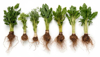 Fototapeta premium freshly harvested plants with their roots, showing the natural beauty of the earth. These plants showcases their vibrant green leaves and complex root systems