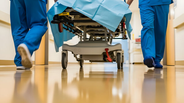 Emergency Hospital Gurney Being Pushed Rapidly Through Corridor by Medical Staff in Blue Scrubs