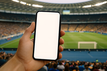 Hand holding smartphone at soccer stadium