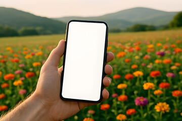 Hand holding smartphone in flower field
