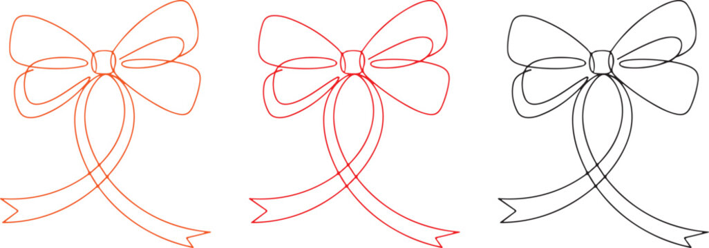 Doodle gift bow. Simple doodle red bows with string and knot for present. Black bow with tied rope and ribbon knot. Simple line design of string and thread for gift wrapping or marine cord.