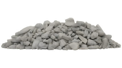 A large pile of small to medium sized light gray rocks and pebbles isolated on white transparent background