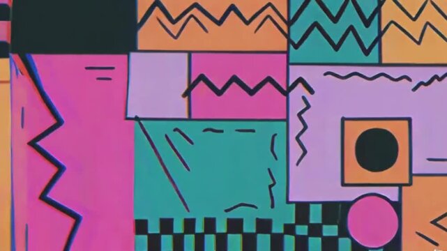 Retro abstract design inspired by 80s and 90s Memphis style, featuring hand-drawn geometric shapes in vibrant vintage colors. Seamless 4K pop-art pattern background, perfectly loopable for continuous 