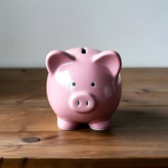 Glossy pink piggy bank with coin inserted, smiling on wooden surface in natural light &mdash; playful and symbolic.