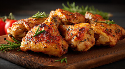 Juicy roasted chicken thighs garnished with fresh rosemary on wooden board, creating mouthwatering and savory presentation. golden brown skin adds crispy texture to dish