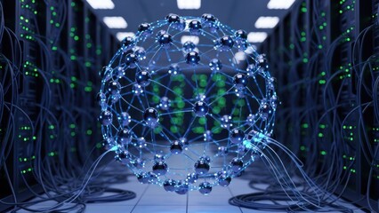 Server room with network ball, connecting cables, and illuminated server racks