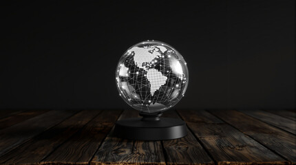 Transparent glass Earth globe with glowing white digital network lines on a dark wooden table, global connectivity and technology concept.