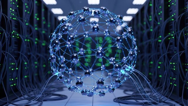 Server room with network ball, connecting cables, and illuminated server racks - Powered by Adobe
