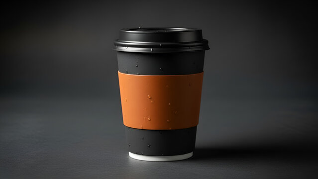 Black Cup with Orange Sleeve and Lid &ndash; Modern Takeaway Coffee Mockup

