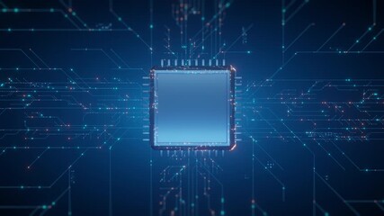 3D render: Futuristic microchip processor on dark blue circuit board background. Digital data flow, AI, technology, network, computing concept. Ideal backdrop for innovation, science, electronics. - Powered by Adobe