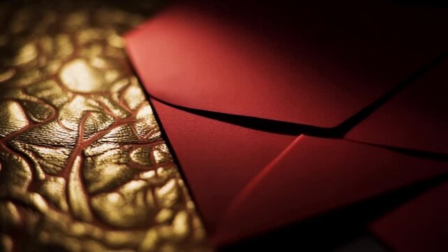 A cinematic close-up shot of intricately designed gold characters on red material with dramatic lighting