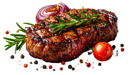 Juicy grilled steak isolated on transparent background, high-quality PNG with charred texture and rich color, perfect for food menus, restaurant designs, and culinary visuals.