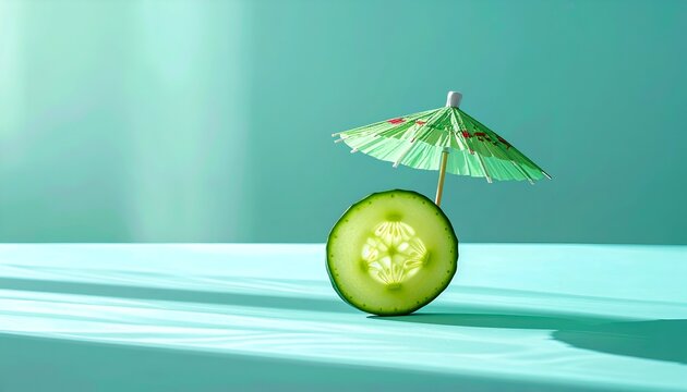 Cucumber Slice with Cocktail Umbrella on Turquoise Background.