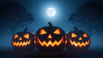 Three carved pumpkins glow eerily under a full moon in a spooky, misty landscape