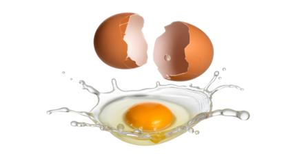 Egg splashing with big yolk and cracked shell isolated on white transparent background
