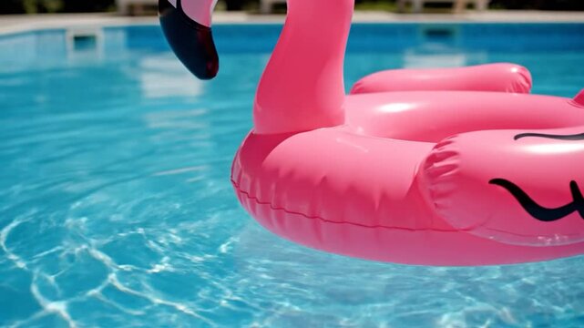 A vibrant pink flamingo pool float on a glistening turquoise pool surface
