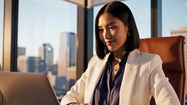 Asian businesswoman in white blazer working on laptop in sunlit office
