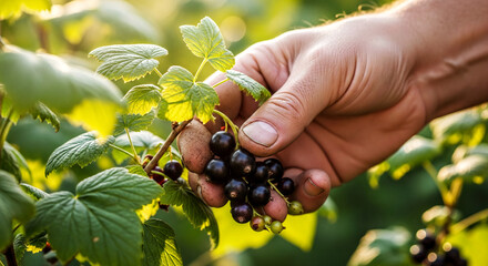 Hand Picking Blackcurrants From Bush, Abundance and Agricultural Harvest Concept, Generative AI