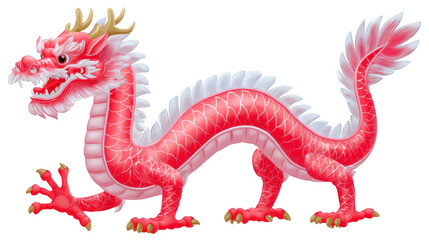 Fototapeta premium Red dragon mythical creature Asian style white scales gold horn fierce expression fantasy animal traditional art isolated digital illustration. dragon dynamic pose and vibrant color evoke power