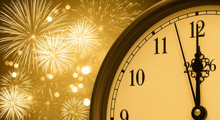 New Years Eve Clock Striking Midnight in Golden Luxury with Fireworks in Warm Golden Lighting for Celebration