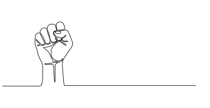 Animated self drawing of   fist upwards one continuous line art. outline border frame, Continuous line hand clenched fist.one line drawing of hand clenched fist upwards, Fist upwards one continuous