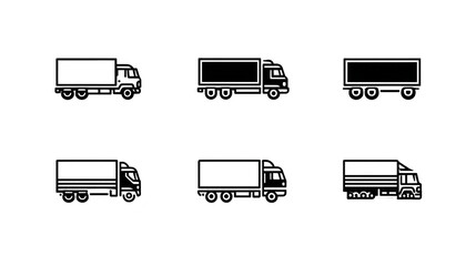 Box truck cargo truck dump truck tipper truck delivery truck and refrigerated truck icon set black outline style isolated transparency background perfect for logistics transport and shipping
