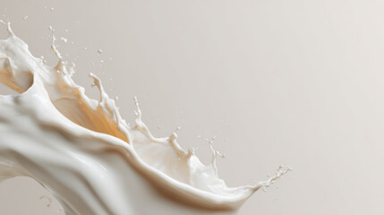 Dynamic splash of creamy white liquid against soft, neutral background creates sense of motion and fluidity. image captures elegance and smooth texture of liquid in mid air