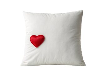 White pillow with small red heart accent left side, minimalist home decor, isolated on a transparent background