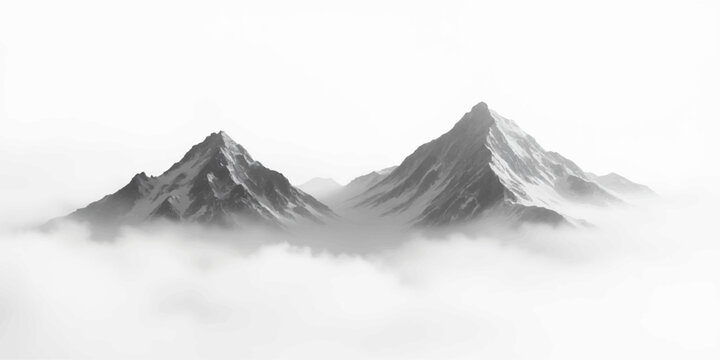 Two rugged mountain peaks rising above fog or mist