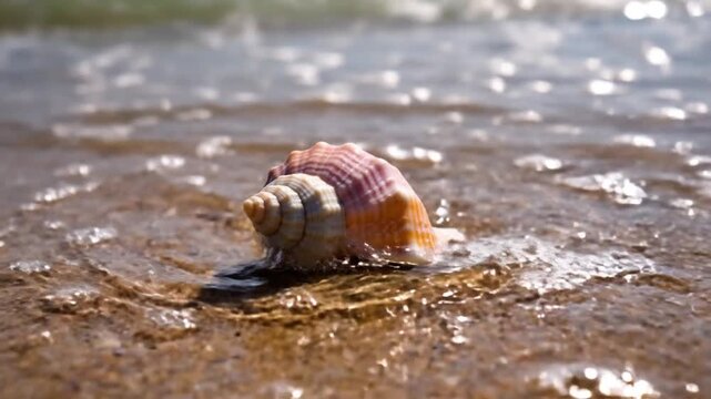 Serene beach video featuring a conch shell being washed over by gentle ocean waves on a sunny day at the seaside