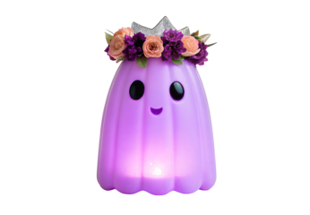 Purple ghost with flower crown tiara, smiling face, adorable kawaii decoration, isolated on a transparent background