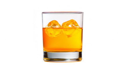 Whiskey glass ice cube amber liquid transparent glass alcoholic drink refreshing isolated closeup beverage bar