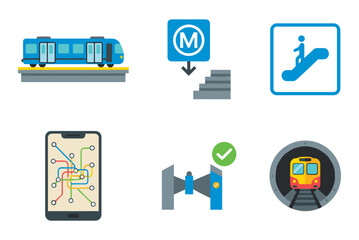 Metro and subway transportation icons set