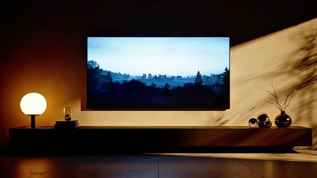Modern living room with a large flatscreen TV displaying a serene forest landscape illuminated by a warm glowing lamp on a minimalist wooden console creating a cozy and inviting atmosphere for relaxa.