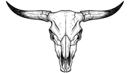 Black and white illustration of a bull skull with horns on a solid black background