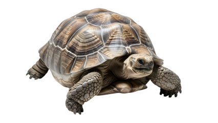 A close up photograph of a tortoise with a black background