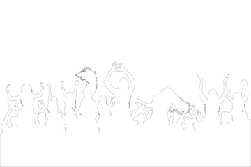 People contours cheering with hands raised, dancing and celebrating at a party or concert. Vector illustration