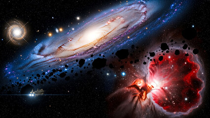 Galaxy spiral arms with stars and planets and a red nebula spiral galaxy