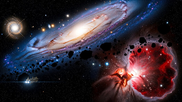 Galaxy spiral arms with stars and planets and a red nebula spiral galaxy - Powered by Adobe