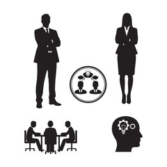 Corporate Business Team Silhouettes: Professionals, Meeting, and Brainstorming Icons Vector Set