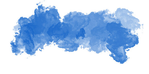 An abstract blue watercolor background features bright paint splashes resembling fluffy white cumulus clouds in a beautiful summer sky atmosphere