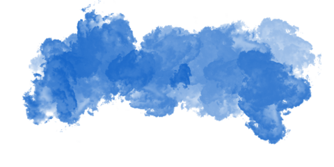 An abstract blue watercolor background features bright paint splashes resembling fluffy white cumulus clouds in a beautiful summer sky atmosphere