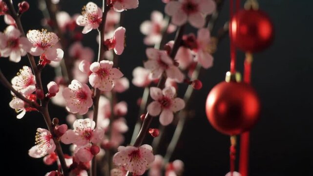 A cinematic close-up shot of plum blossoms with hanging red ornaments in a dark environment
